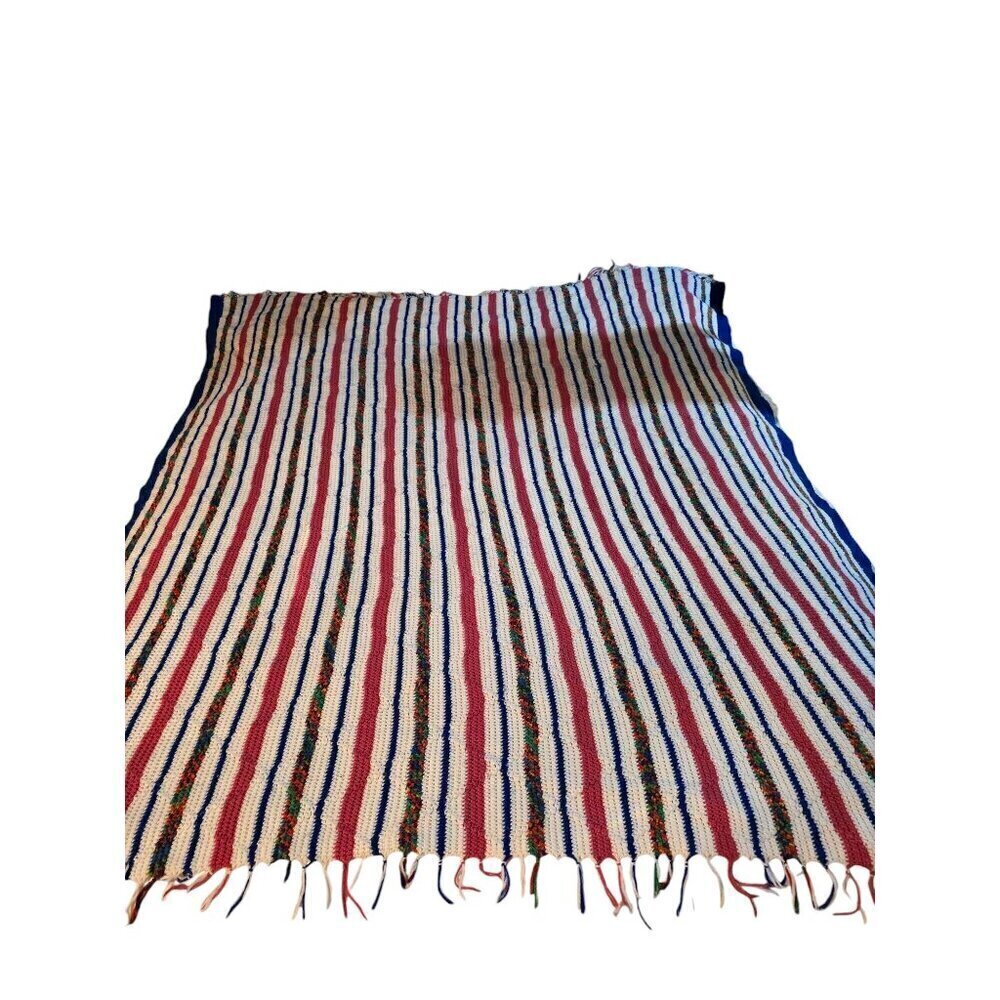 Vintage Handmade Pink Space Dye Striped Fringe Crochet Throw Blanket